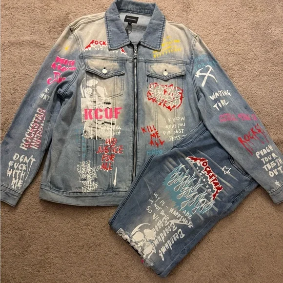 Rockstar Denim Jacket and Jeans Set Men jacket 2x pants 42 x32 brand new